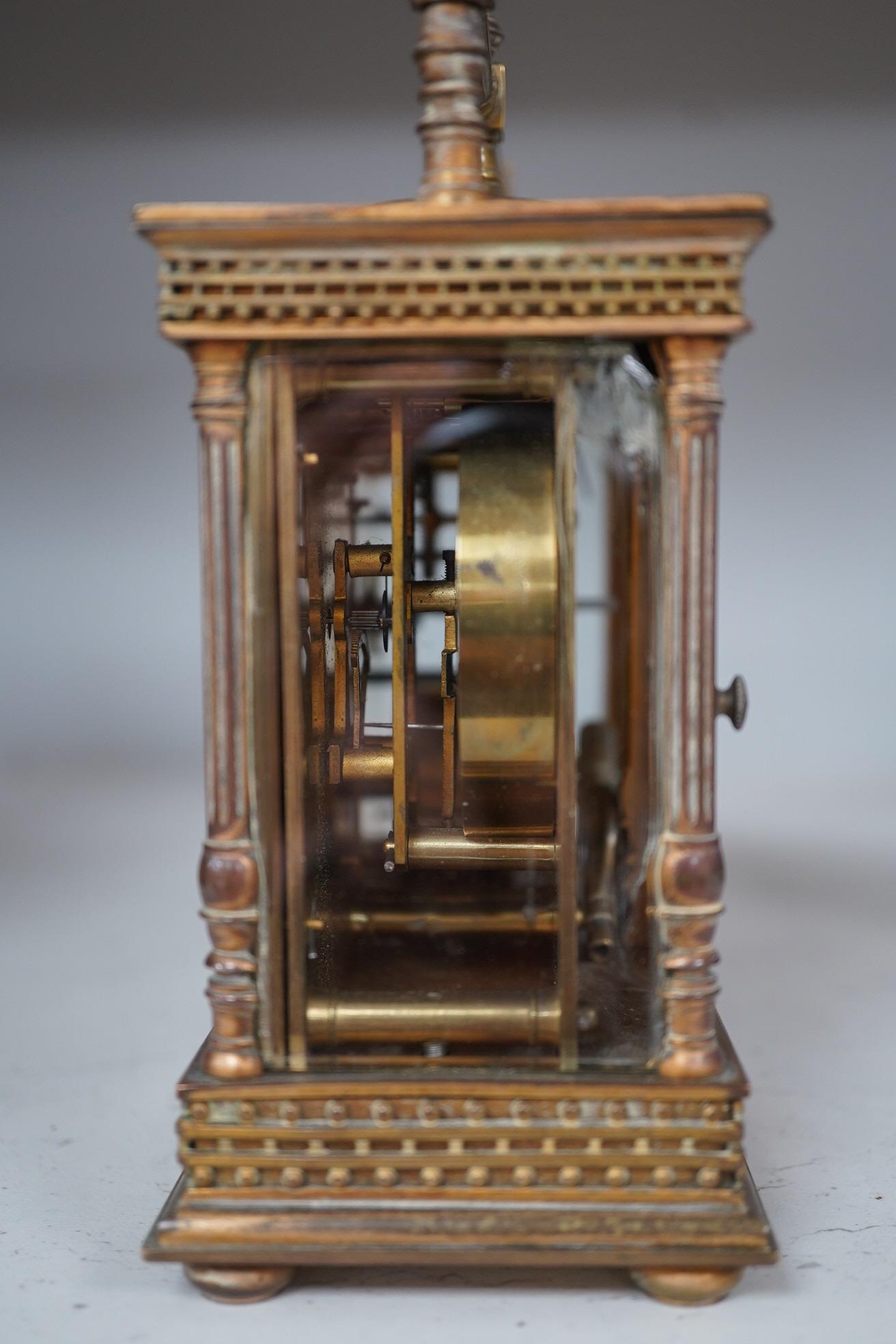 A French eight day carriage timepiece / barometer, retailed by Harrods, 16cm. Condition - fair, not tested